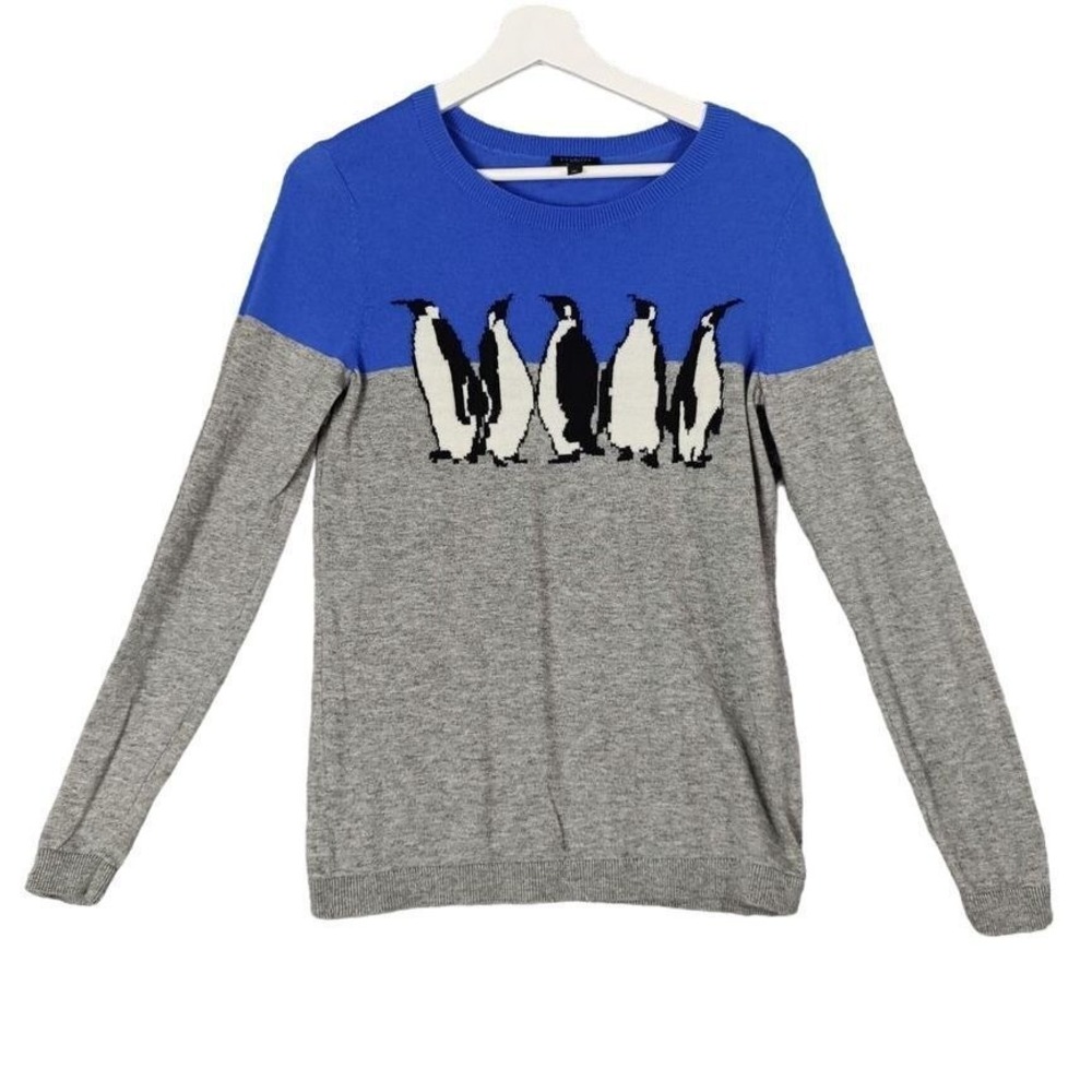 Talbots Women Preppy Whimsical Wool Penguin Sweater MP Blue Gray Colorblock